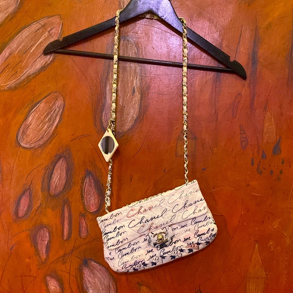 Chanel Mini Flap chain bag script spring style with mirror charm well worn